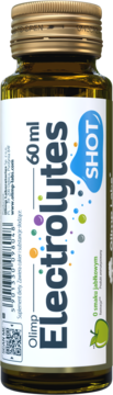 Olimp Electrolytes Shot 60ml, płynny suplement o smaku jabłkowym, w przezroczystej butelce z białą etykietą, widok z przodu.