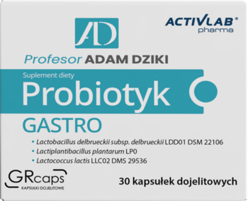Biało-niebieskie opakowanie suplementu diety Probiotyk GASTRO Activlab Pharme, 30 kapsułek dojelitowych, przód.