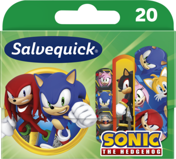 Salvequick Sonic plastry dla dzieci, wodoodporne, zielone opakowanie z Sonikiem i Knucklesem, widok z przodu.