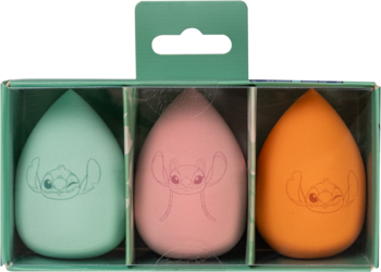 Zestaw 3 gąbek do makijażu Stitch, w kształcie łzy. W zielonym pudełku, kolory: miętowy, różowy, pomarańczowy.