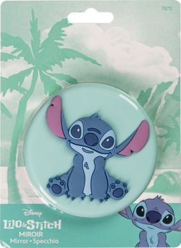 Lilo & Stitch lusterko kompaktowe w turkusowym etui z niebieskim Stitchem, na zielonym tle z palmami.