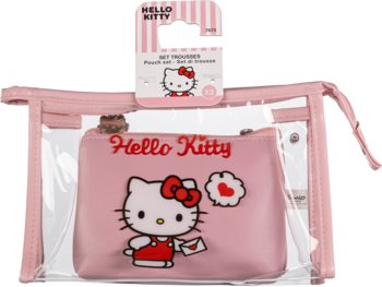 Zestaw podróżny Hello Kitty: przezroczysta kosmetyczka z różową, z wizerunkiem kotka trzymającego list i logo.
