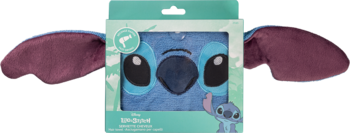 Niebieski koc/ręcznik Disney Lilo & Stitch z twarzą Stitcha, wystającymi uszami, w turkusowym pudełku.