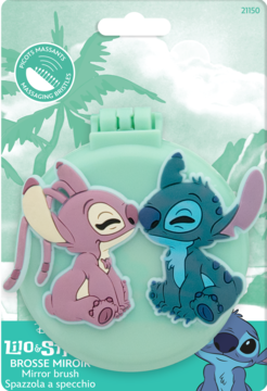Miętowa lusterko-szczotka Lilo & Stitch z postaciami Stitcha i Angel, w blistrze, z masującym włosiem.