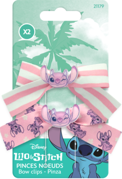 Two Lilo & Stitch pink and white hair bows featuring winking Angel figures, presented on tropical packaging.