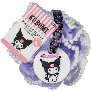 Fioletowa myjka Kuromi z białą zawieszką i metką, widok pod kątem, detal z postacią Sanrio.