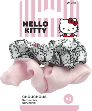 Dwie gumki do włosów typu scrunchie Hello Kitty na różowym opakowaniu: jedna różowa, druga biała w czarne wzory.