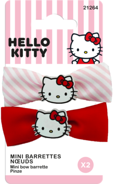 Zestaw dwóch mini spinek Hello Kitty z kokardkami: biało-czerwona w paski i jednolita czerwona, w opakowaniu. Widok z przodu.