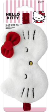 Puszysta biała maska na oczy Hello Kitty z czerwoną kokardą, zapakowana na różowo-białej karcie.