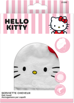 Biały ręcznik Hello Kitty do włosów, z uszami i czerwoną kokardą, widok z przodu w paskowanym opakowaniu.