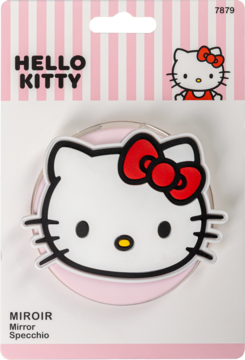 Hello Kitty lusterko w kształcie białej głowy kotka z czerwoną kokardą, w różowo-białym opakowaniu.