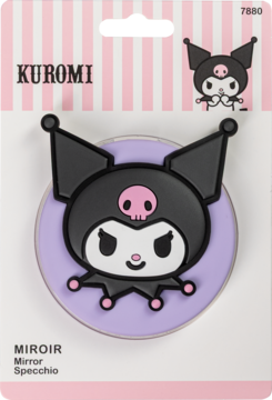 Popsocket Kuromi w opakowaniu. Czarna postać z różową czaszką na fioletowym tle, z napisem Kuromi.