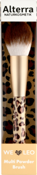 Pędzel Alterra We Love Leo Multi Powder w opakowaniu: złota rączka w panterkę, brązowo-białe syntetyczne włosie.