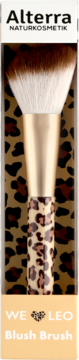 Pędzel do różu Alterra We Love Leo w opakowaniu, rączka z wzorem panterki, jasne syntetyczne włosie.