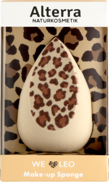 Alterra We Love Leo gąbka do makijażu, beżowa w panterkę, w pudełku z motywem panterki, widok przód.
