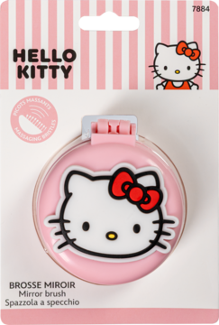 Różowa okrągła szczotka-lusterko Hello Kitty z jej twarzą i czerwoną kokardą, w blistrowym opakowaniu, widok z przodu.