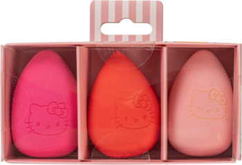 Zestaw 3 gąbek do makijażu Hello Kitty w kształcie łezki: różowa, koralowa i jasnoróżowa w pudełku.