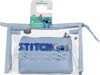 Przezroczysta kosmetyczka Disney Stitch z niebieską saszetką wewnętrzną, napisem "STITCH" i figurką, widok z przodu.