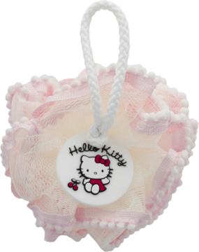 Puszysta różowo-biała gąbka kąpielowa Hello Kitty, siateczkowa, z okrągłą zawieszką, logo i wiśniami, widok z przodu.