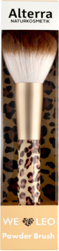 Pędzel Alterra We Love Leo do pudru z okrągłą główką, syntetycznym włosiem i uchwytem w panterkę, w opakowaniu.
