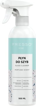Biała butelka FRESSO HOME Płyn do Szyb 500ml z rozpylaczem, perfumowany, bez smug, widok z przodu.