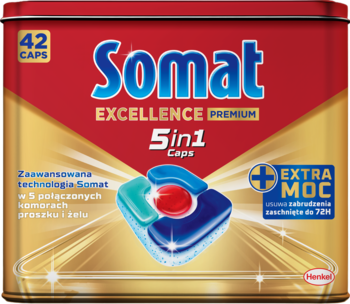 Metalowe czerwono-złote opakowanie Somat Excellence 5in1 Caps, 42 sztuki, z extra mocą do zmywarki.