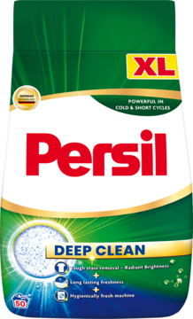 Persil Deep Clean Universal XL, zielono-złoty proszek do białych tkanin na 50 prań, widok frontalny.