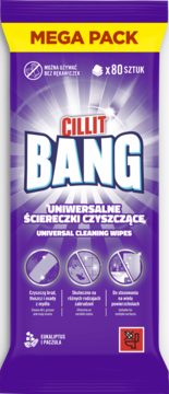 Fioletowy pakiet Cillit Bang Uniwersalne Ściereczki Czyszczące, Mega Pack 80 sztuk, widok z przodu.