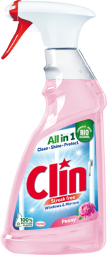 Clin All in 1 Peony płyn do szyb, różowa butelka spray z białą rączką, widok z przodu. Bio-Alkohol.