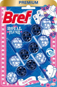 Bref Royal Flush WC blok: niebiesko-różowe opakowanie, 6 kulek (ciemne i jasne), motyw kart. Do czystości i świeżości.