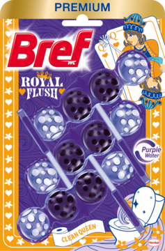 Bref Royal Flush, fioletowo-złote opakowanie kulek do WC, widok przód, ilustracja królowej kart.