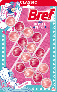 Bref WC Royal Flush, czyścik toaletowy z 12 różowymi kulkami, w opakowaniu z kartami do gry i Jokerem.