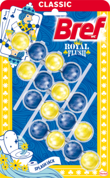 Bref Royal Flush Classic, niebiesko-czerwone opakowanie z Jackiem pik, żółte i niebieskie kostki do WC, front.