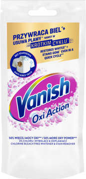 Biała saszetka Vanish Oxi Action, odplamiacz z 50% więcej mocy Oxi, przywraca biel w krótkim cyklu. Widok z przodu.