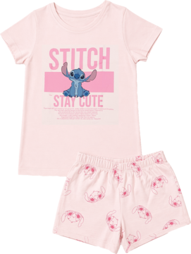 Jasnoróżowa piżama dziewczęca Lilo & Stitch. Koszulka z niebieskim Stitchem i napisem, krótkie spodenki we wzory Stitcha.