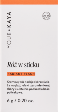 YOUR KAYA róż w sticku Radiant Peach, kremowy, w białym opakowaniu z pomarańczowym akcentem, widok z przodu.