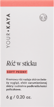 Róż w sticku Your Kaya Soft Peony, białe opakowanie z różowym akcentem, widok z przodu.