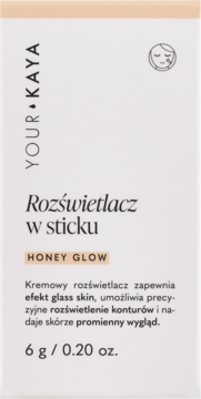 YOUR KAYA Rozświetlacz w sticku Honey Glow 6g, beżowe opakowanie z tekstem o efekcie glass skin, widok z przodu.