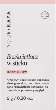 Rozświetlacz w sticku YOUR KAYA Rosy Glow w białym kartoniku, daje efekt glass skin, widok z przodu.