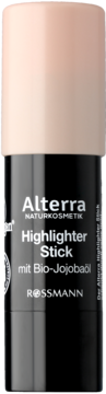 Alterra Highlighter Stick z Bio-Jojobaöl, czarny korpus i jasnobeżowa nakrętka, do lśniącej cery, widok z przodu.