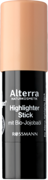 Alterra Highlighter Stick z organicznym olejem jojoba w beżowo-czarnym opakowaniu, widok z przodu.