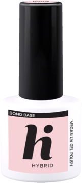 Hi Hybrid Bond Base 5ml, baza hybrydowa, biała butelka z czarną nakrętką, różowa etykieta, widok z przodu.