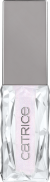 Catrice lakier do paznokci w fasetowanej, przezroczystej butelce z perłowym płynem i srebrną zakrętką.