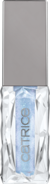 Catrice shimmering iridescent nail polish in a faceted clear bottle with a silver cap, light blue shade, front view.