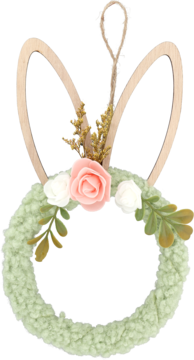 Wiszący wianek wielkanocny: zielony puszysty okrąg, drewniane uszy króliczka, różowe i białe kwiaty, widok frontalny.