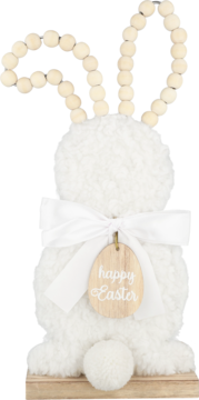 Fluffy white Easter bunny decoration with wooden bead ears, white bow, and 'Happy Easter' tag on wood base.