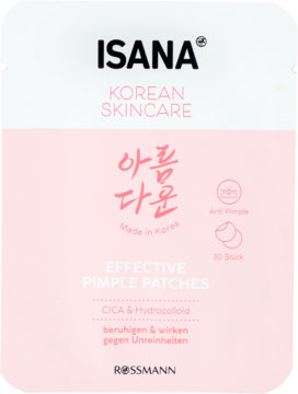 Front różowej saszetki Isana Korean Skincare Effective Pimple Patches z CICA i hydrokoloidem, 30 sztuk.