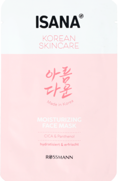 ISANA Korean Skincare Moisturizing Face Mask CICA & Panthenol, biało-różowa saszetka, front z napisem koreańskim.