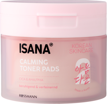 Isana Calming Toner Pads, Krok 2, w przezroczystym różowym słoiczku, z cica, aha/pha, widok z przodu.