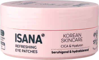 Isana odświeżające płatki pod oczy Cica i Hialuron. Różowe owalne opakowanie, widoczne z przodu pod kątem.